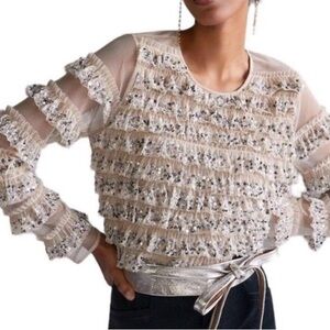 Anthropologie cream silver sequin mesh stretchy Ruffled long sleeve Blouse M